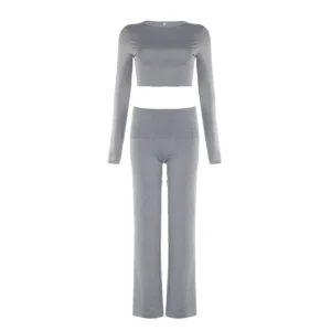 Rockmore Casual Minimalist Solid Women's Long Sleeve Crew Neck T Shirts Low Waist Pants Sets Comfy Breathable Two Piece Outfits