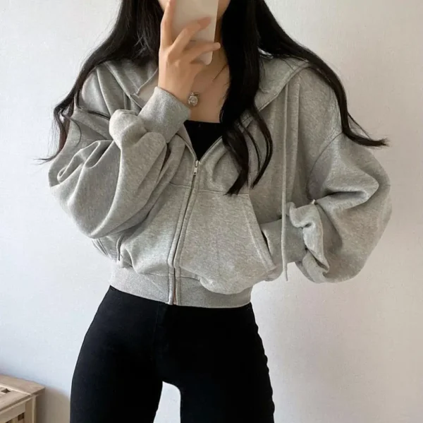 Women Autumn Winter Short Hooded Hoodies Solid Casual Streetwear Zip Up Sweatshirts Long Sleeve Loose Jackets Harajuku Y2K Tops - Image 6