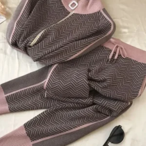 Winter Fall Stripe 2 Piece Sets Stand Collar Warm Cardigan Tracksuit High Waist Harem Pant Suits Knit Soft Korean Conjuntos