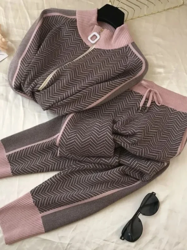 Winter Fall Stripe 2 Piece Sets Stand Collar Warm Cardigan Tracksuit High Waist Harem Pant Suits Knit Soft Korean Conjuntos - Image 2