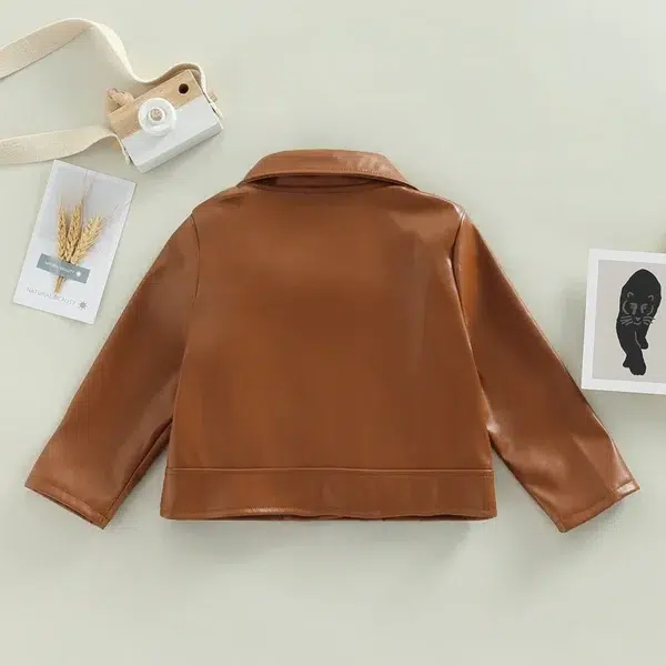 Kids Girls Solid Color PU Leather Jacket Long Sleeve Turn-down Collar Zipper Closure Casual Outwear for 1 Years to 5 Years - Image 2