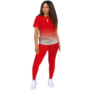 New Gradient Two Piece Outfits for Women Casual Short Sleeve T Shirt and Legging Summer Athletic Fitness Suit Tracksuits Set