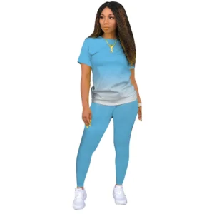 New Gradient Two Piece Outfits for Women Casual Short Sleeve T Shirt and Legging Summer Athletic Fitness Suit Tracksuits Set