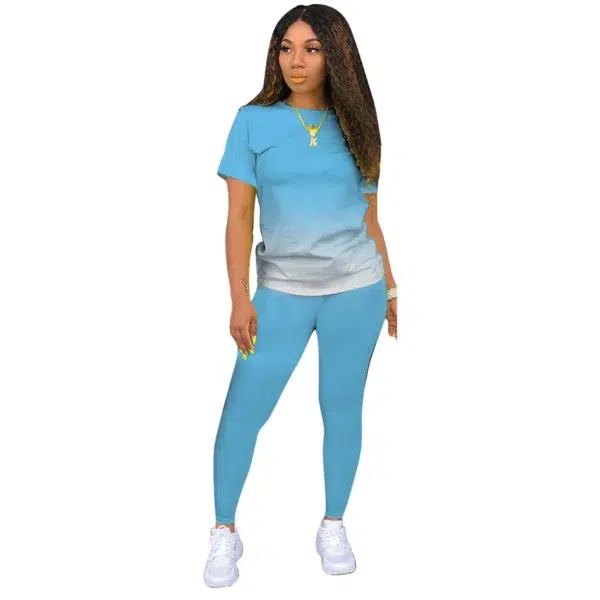 New Gradient Two Piece Outfits for Women Casual Short Sleeve T Shirt and Legging Summer Athletic Fitness Suit Tracksuits Set - Image 6