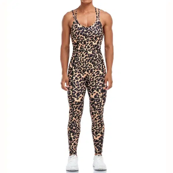 Leopard Sexy Jumpsuits Women Backless Cross Bodysuit Sporty One Piece Sportswear Bodycon Chest Pad Overalls Female Gym Fitness