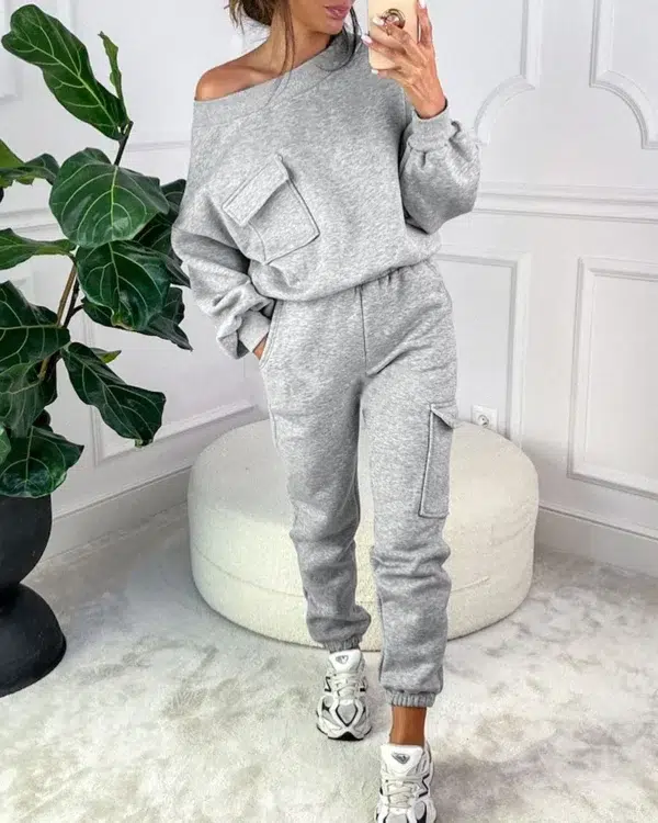 Autumn Two Piece Sets Women Tracksuit Suit 2023 Autumn Round Neck Pocket Design Sweatshirt & Cuffed Sweatpants Set