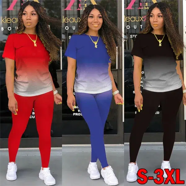 New Gradient Two Piece Outfits for Women Casual Short Sleeve T Shirt and Legging Summer Athletic Fitness Suit Tracksuits Set