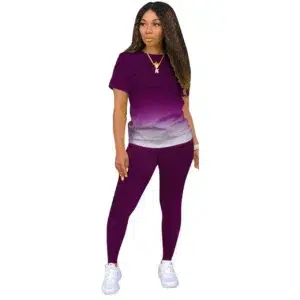 New Gradient Two Piece Outfits for Women Casual Short Sleeve T Shirt and Legging Summer Athletic Fitness Suit Tracksuits Set