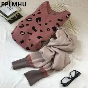 Leopard Print Knitted 2 Piece Sets For Women Casual Loose V-neck Sweater Pullovers Outfits And Contrast Color Harem Pants Suit