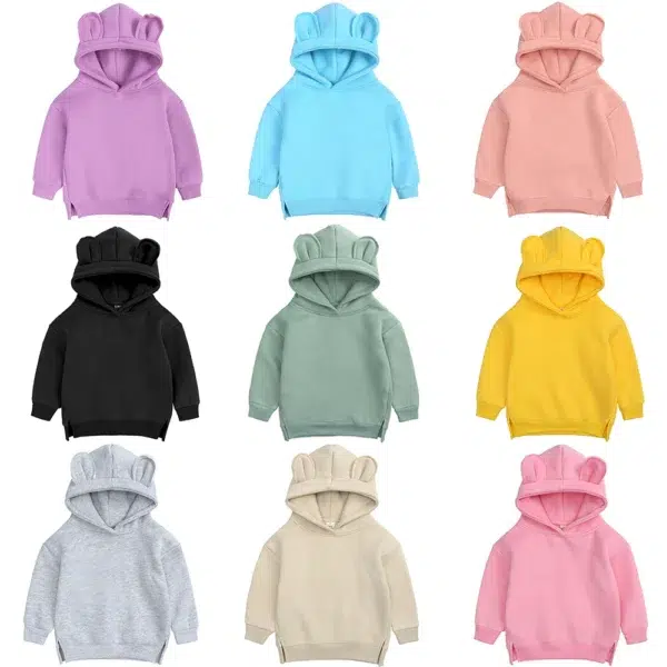 2023 Baby Kids Winter Bear Fleece Sweatshirt Cotton Warm Solid Long Sleeve Top Jacket Cute Boys Girls Hooded Outwear Clothes