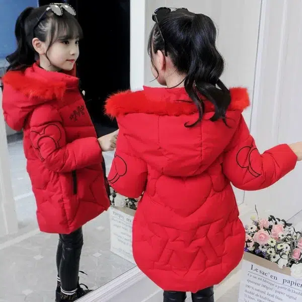 5-12 Years Girls Jacket 2023 Winter New Fashion Printing Plush Velvet Thicken Cold Protection Hooded Windbreaker Coat - Image 6