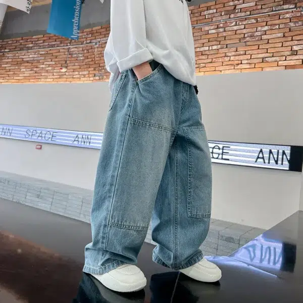 Boys Cargo Jeans New Teenage Children Wide Leg Denim Pants for Kids Loose Pockets Trousers Spring Autumn 4 6 8 10 12 14 16Yrs