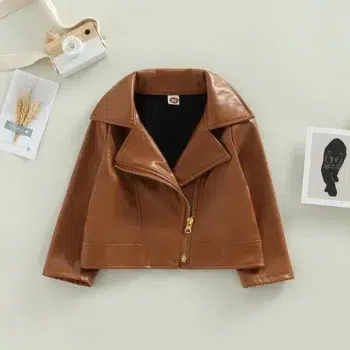 Kids Girls Solid Color PU Leather Jacket Long Sleeve Turn-down Collar Zipper Closure Casual Outwear for 1 Years to 5 Years