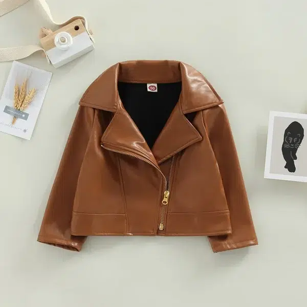 Kids Girls Solid Color PU Leather Jacket Long Sleeve Turn-down Collar Zipper Closure Casual Outwear for 1 Years to 5 Years - Image 3