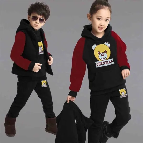 2024 Boys Padded Warm Set Children's Hooded Cartoon Solid Colour 3 Pcs Autumn Winter New Girls Sweatshirt Cute Casual Suit 4-12Y - Image 2