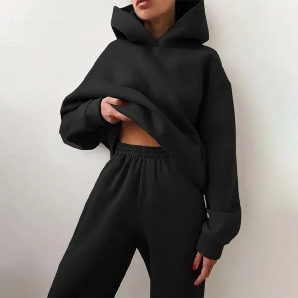 Fleece-lined Tracksuits Women Casual Solid Warm Suits Hoodies Sweatpants Autumn Winter Pullover Sweatshirts Pants 2 Piece Set - Image 4