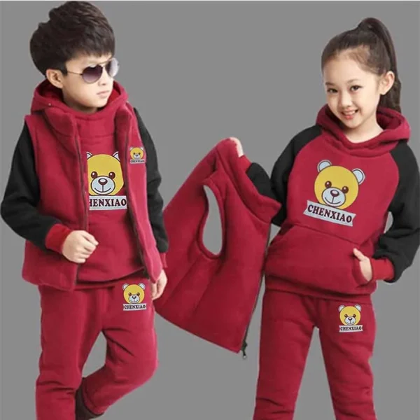 2024 Boys Padded Warm Set Children's Hooded Cartoon Solid Colour 3 Pcs Autumn Winter New Girls Sweatshirt Cute Casual Suit 4-12Y - Image 3