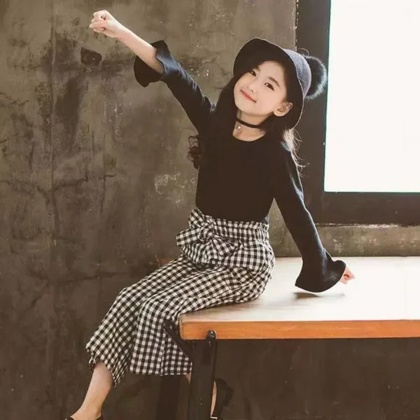 Kids Girls Clothing Sets 2024 Autumn Long Sleeve T-shirts + Plaid Wide Leg Pants 2PCS Children's Clothes Teen 6 8 10 12 14 Years