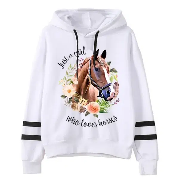 Harajuku Fashion Just A Girl Who Loves A Horse Y2k Hoodies Flower Horse Long Sleeves Women Casual High Street Tracksuit Sweater - Image 4