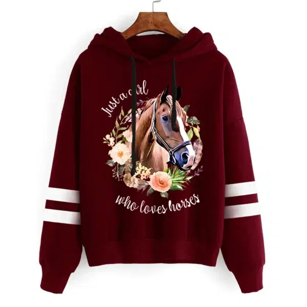 Harajuku Fashion Just A Girl Who Loves A Horse Y2k Hoodies Flower Horse Long Sleeves Women Casual High Street Tracksuit Sweater - Image 5