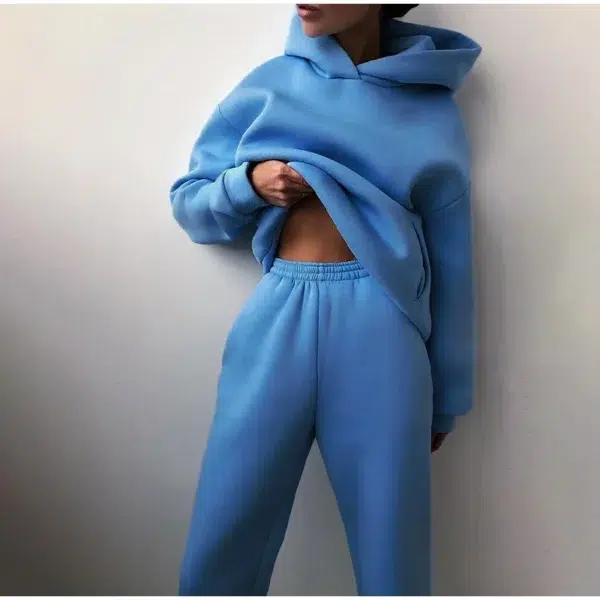 Fleece-lined Tracksuits Women Casual Solid Warm Suits Hoodies Sweatpants Autumn Winter Pullover Sweatshirts Pants 2 Piece Set - Image 5