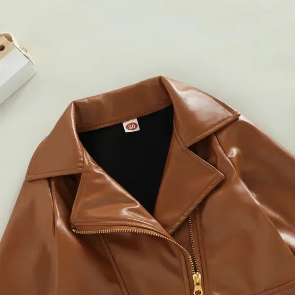 Kids Girls Solid Color PU Leather Jacket Long Sleeve Turn-down Collar Zipper Closure Casual Outwear for 1 Years to 5 Years - Image 4