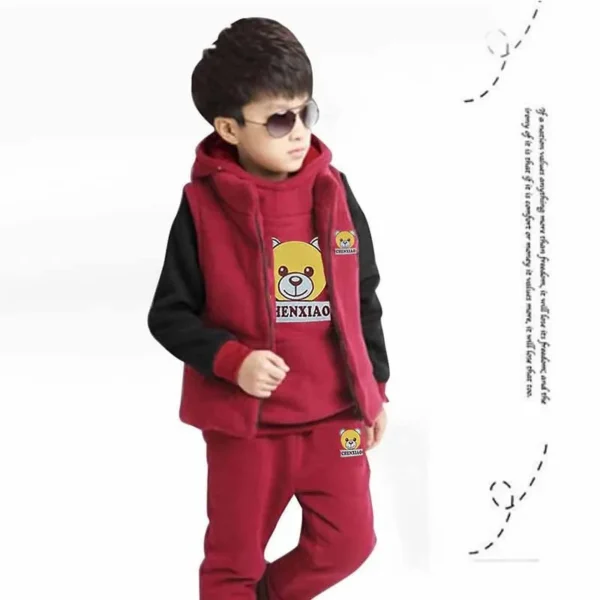 2024 Boys Padded Warm Set Children's Hooded Cartoon Solid Colour 3 Pcs Autumn Winter New Girls Sweatshirt Cute Casual Suit 4-12Y - Image 4