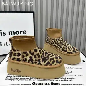 Leopard Platform Women Snow Ankle Boots Designer Flats Casual Shoes Short Plush Cotton Shoes 2024 Trend Warm Winter Botas Mujer