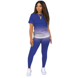 New Gradient Two Piece Outfits for Women Casual Short Sleeve T Shirt and Legging Summer Athletic Fitness Suit Tracksuits Set