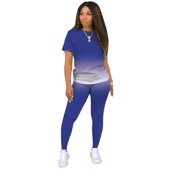 New Gradient Two Piece Outfits for Women Casual Short Sleeve T Shirt and Legging Summer Athletic Fitness Suit Tracksuits Set - Image 2