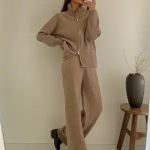 Hirsionsan Winter Thick Women Suits Soft 2 Pieces Female Sets Zip Cardigan Sweater & Wide Leg Pants Soft Knitted Track Suit