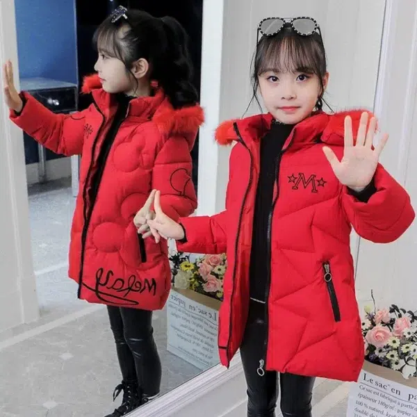 5-12 Years Girls Jacket 2023 Winter New Fashion Printing Plush Velvet Thicken Cold Protection Hooded Windbreaker Coat - Image 4