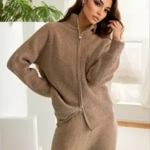 Hirsionsan Winter Thick Women Suits Soft 2 Pieces Female Sets Zip Cardigan Sweater & Wide Leg Pants Soft Knitted Track Suit