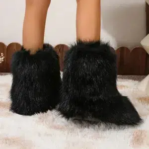 Women Winter Fluffy Faux Fur Mid-Calf Snow Boots Y2K Fashion Warm Snow Boots Girl's Luxury Footwear Furry Boots Outdoor