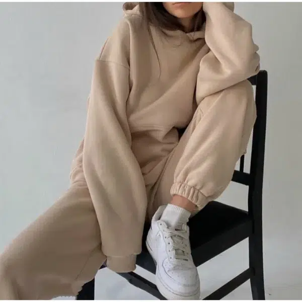 Fleece-lined Tracksuits Women Casual Solid Warm Suits Hoodies Sweatpants Autumn Winter Pullover Sweatshirts Pants 2 Piece Set - Image 2