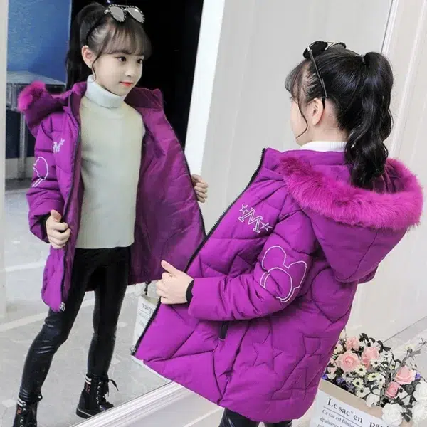 5-12 Years Girls Jacket 2023 Winter New Fashion Printing Plush Velvet Thicken Cold Protection Hooded Windbreaker Coat - Image 3