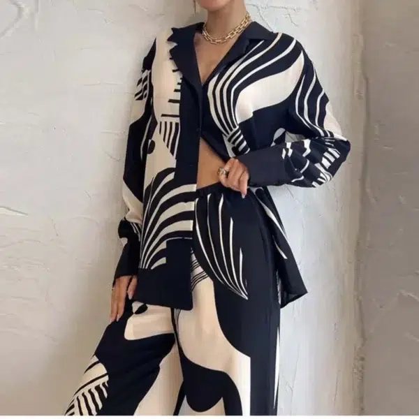 Women Digital Print 2 Piece Set Chic Lapel Long Sleeved Blouse Top Loose Straight Leg Pants Suit Fashion Streetwear Outfits 2023 - Image 3