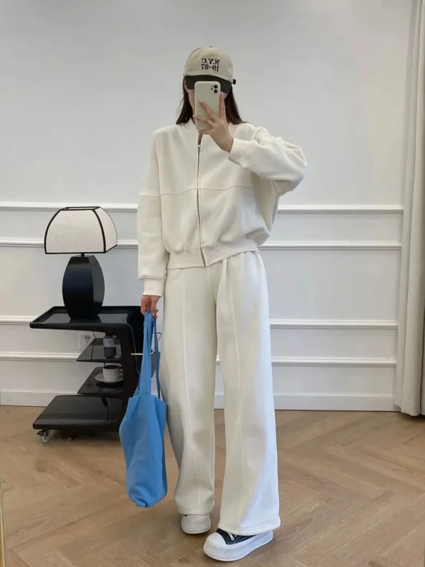 XNWMNZ 2024 Women's Fashion Zipper Bomber Sweatshirt or Elastic High Waist Plush Trousers Versatile Female Two Piece Set - Image 4