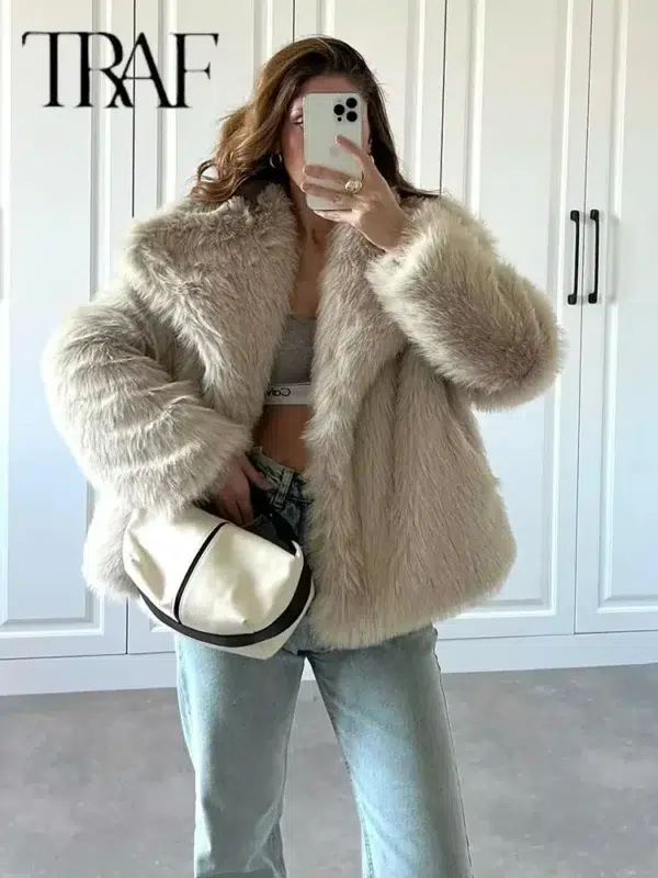 TRAF Metal Color Sequin Woven Jacket For Women Loose Stand Collar Long Sleeve Coat 2023 Autumn Winter Chic Female Outerwear - Image 5