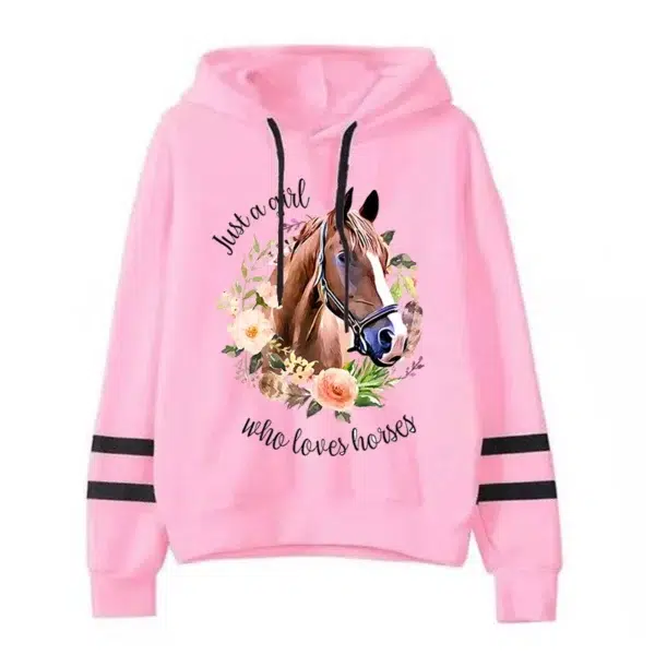 Harajuku Fashion Just A Girl Who Loves A Horse Y2k Hoodies Flower Horse Long Sleeves Women Casual High Street Tracksuit Sweater - Image 3