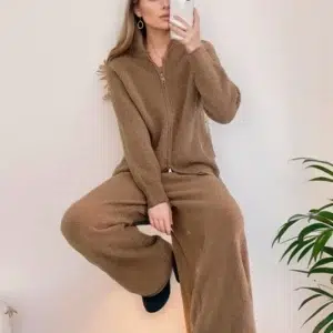 Hirsionsan Winter Thick Women Suits Soft 2 Pieces Female Sets Zip Cardigan Sweater & Wide Leg Pants Soft Knitted Track Suit