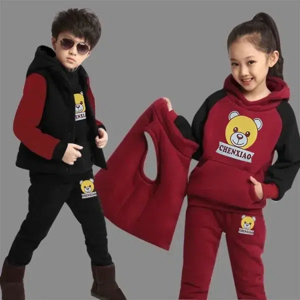 2024 Boys Padded Warm Set Children's Hooded Cartoon Solid Colour 3 Pcs Autumn Winter New Girls Sweatshirt Cute Casual Suit 4-12Y