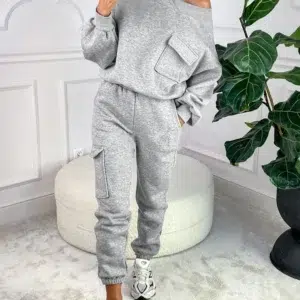 Autumn Two Piece Sets Women Tracksuit Suit 2023 Autumn Round Neck Pocket Design Sweatshirt & Cuffed Sweatpants Set