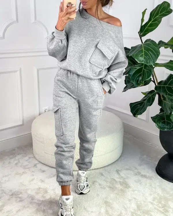 Autumn Two Piece Sets Women Tracksuit Suit 2023 Autumn Round Neck Pocket Design Sweatshirt & Cuffed Sweatpants Set - Image 3