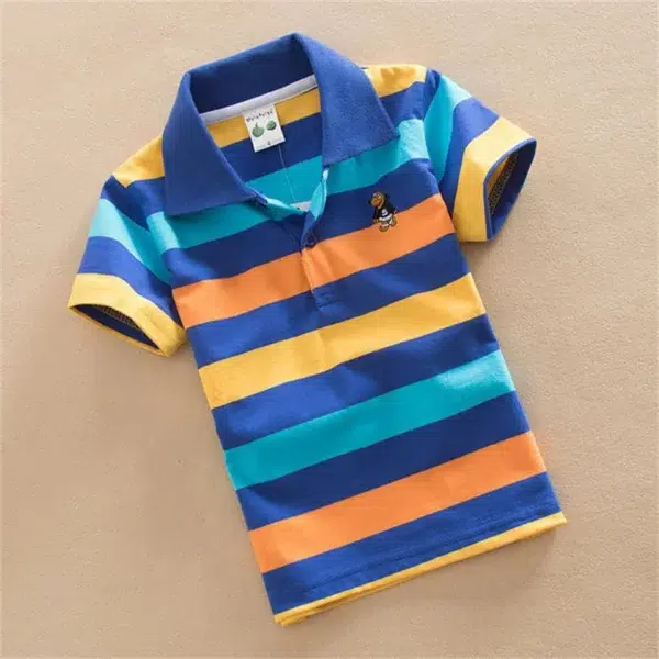 T-shirt For Boys Summer Children Short Sleeve Stripe Tees Cartoon Bear Embroidery Tops Teens Breathable Polo Shirt Kids Clothing - Image 2