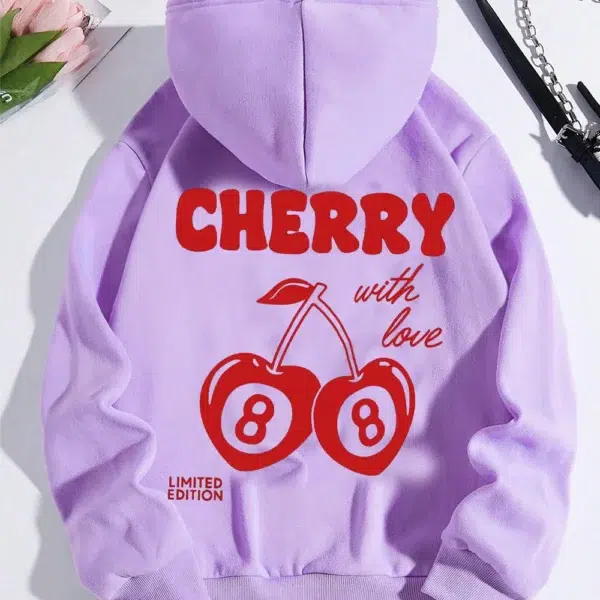 Cherry Print Long-Sleeved Sweater Women Spring Autumn Drawstring Hoodie Casual Vintage Ladies Basic Wear Hooded Tracksuit Tops - Image 5