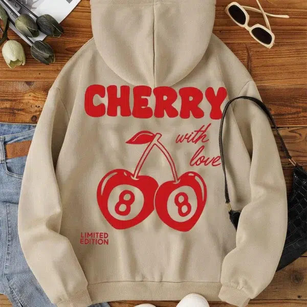 Cherry Print Long-Sleeved Sweater Women Spring Autumn Drawstring Hoodie Casual Vintage Ladies Basic Wear Hooded Tracksuit Tops - Image 3