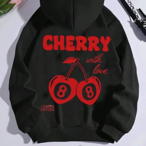 Cherry Print Long-Sleeved Sweater Women Spring Autumn Drawstring Hoodie Casual Vintage Ladies Basic Wear Hooded Tracksuit Tops - Image 4