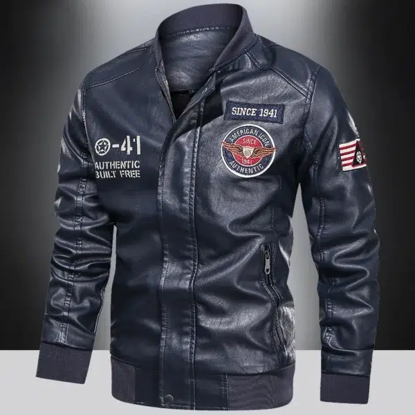 Spring and Autumn Men's Motorcycle Suit Leather jacket Color blocking American baseball collar pilot casual PU leather jacket - Image 2