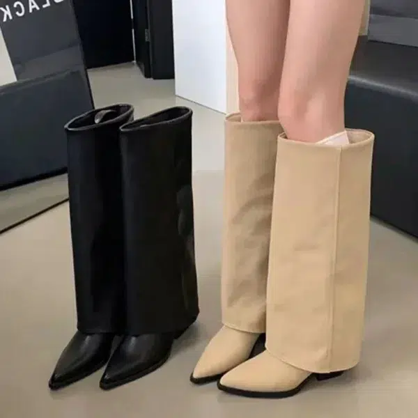 Chunk Leather High Boots Women Knee High Pointer Toe Heels Shoes Woman Trend Chelsea Boots New Pumps Mujer Snow Gladiator Botas - Image 4